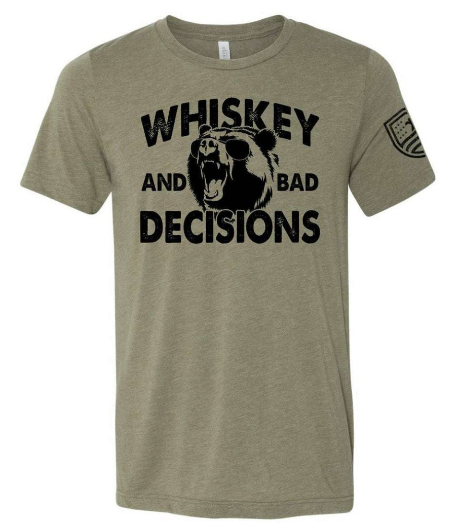 Ba Trading Mens Apparel * | Bare Arms Gear Whiskey And Bad Decisions T-Shirt Ba Trading Mens Apparel Heather Military Green